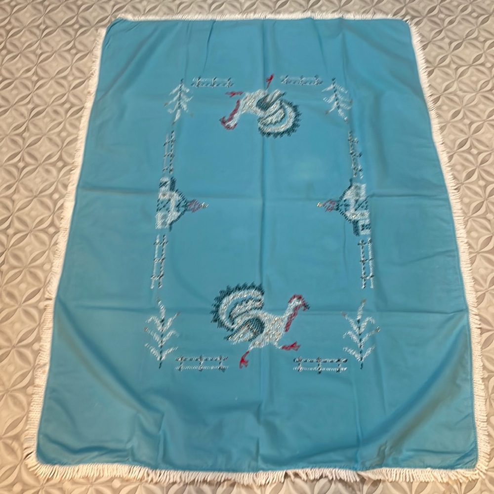Bright blue rooster table cloth runner brand new never used in excellent conditi